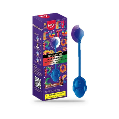 Amos TastySounds Audio Lollipop Cola Sugar-Free 0.42oz, box and lollipop