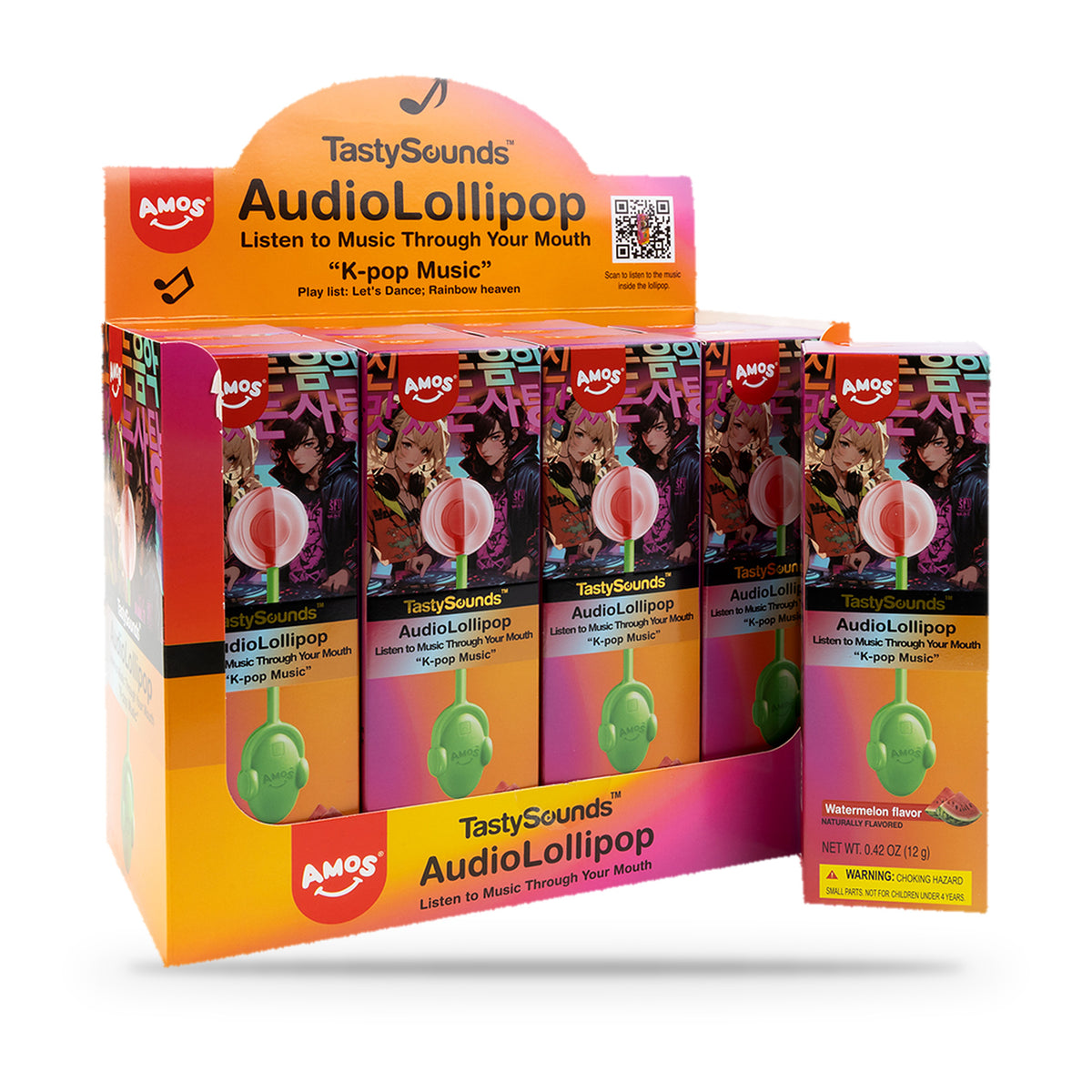 Amos TastySounds Audio Lollipop Watermelon Sugar-Free 0.42oz, Box of 12