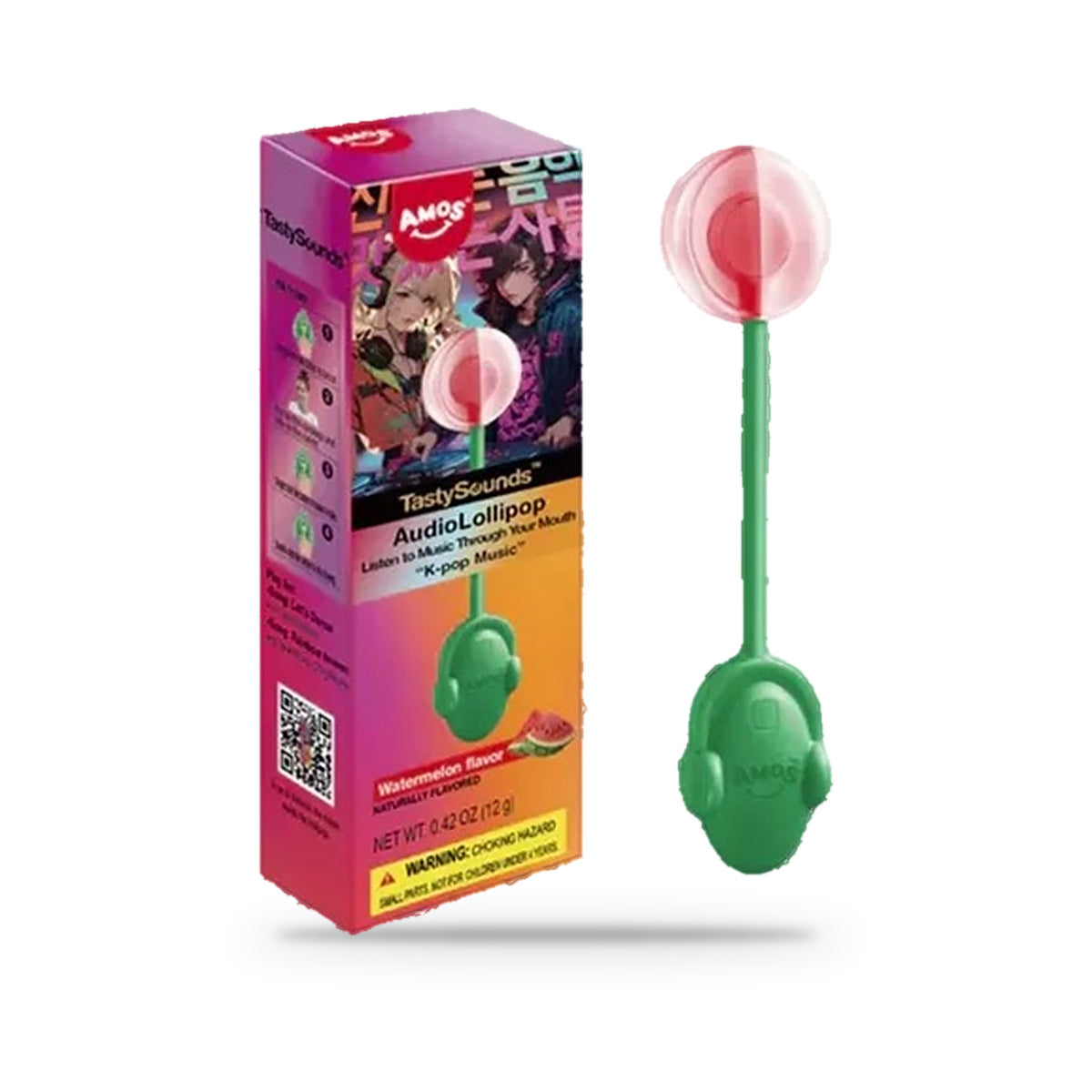 Amos TastySounds Audio Lollipop Watermelon Sugar-Free 0.42oz, K-pop Music box with the watermelon lollipop