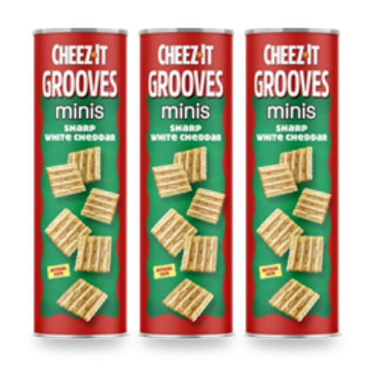 Three Cheez-It Grooves Minis Sharp White Cheddar 7 oz cans