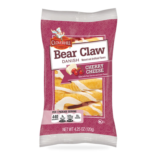 Cloverhill Bear Claw Danish, Cherry Cheese, 4.25 oz individually wrapped pastry