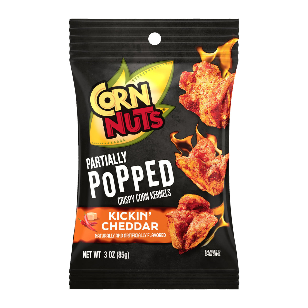 Corn Nuts Partially Popped Kickin' Cheddar 3oz Peg Bag, full package