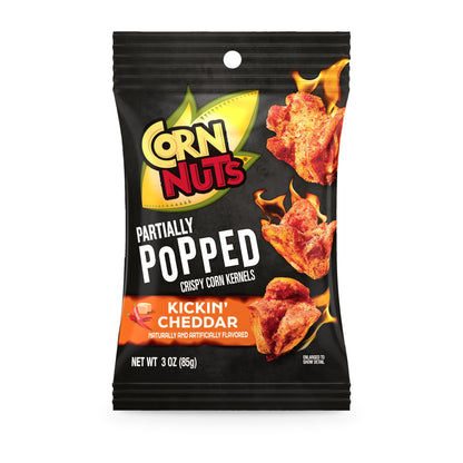 Corn Nuts Partially Popped Kickin' Cheddar 3oz Peg Bag, front of package
