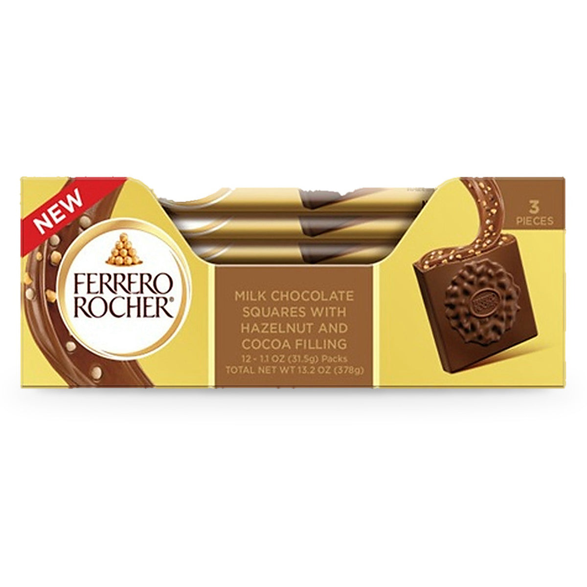 Ferrero Rocher Milk Hazelnut Chocolate Squares 3-Piece 1.1oz, display box of 12 packs, 13.2oz total