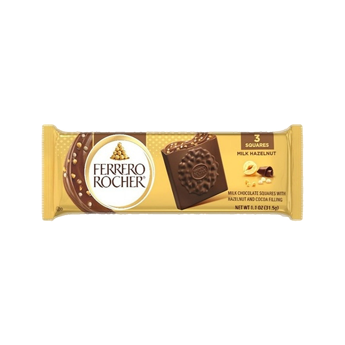 Ferrero Rocher Milk Hazelnut Chocolate Squares 3-Piece 1.1oz, full package