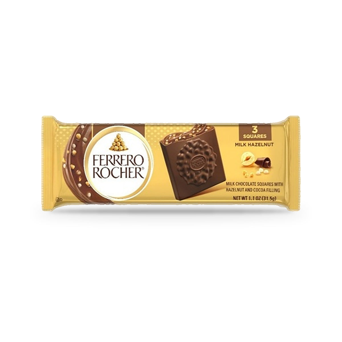 Ferrero Rocher Milk Hazelnut Chocolate Squares 3-Piece 1.1oz, front of pack