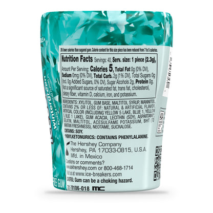Ice Breakers Ice Cubes Wintergreen Sugar-Free Gum 3.24oz Bottles (4-Count Box), back of bottle