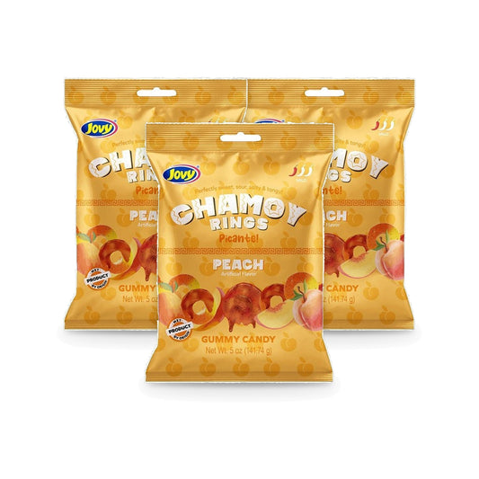Jovy Chamoy Gummy Peach Rings 5oz Peg Bag 3-Pack