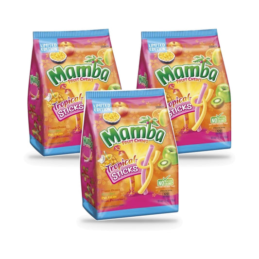 Mamba Fruit Chews Tropical Sticks Limited Edition 27oz Bag 3-Pack