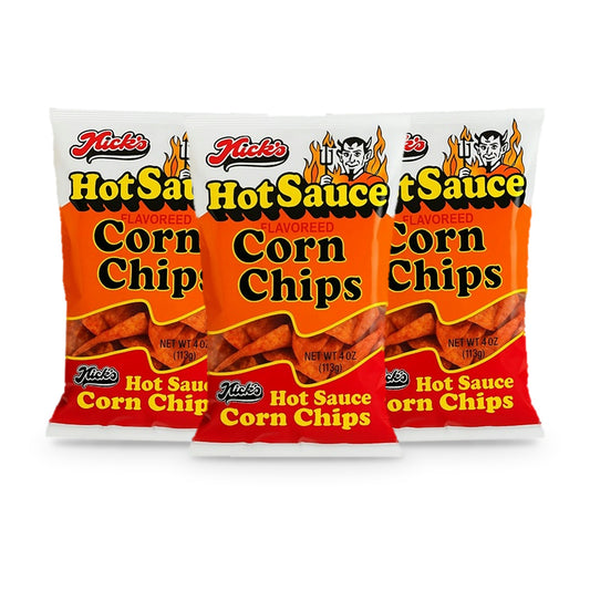 Nick's Hot Sauce Corn Chips 4oz Bag 3-Pack, three bags
