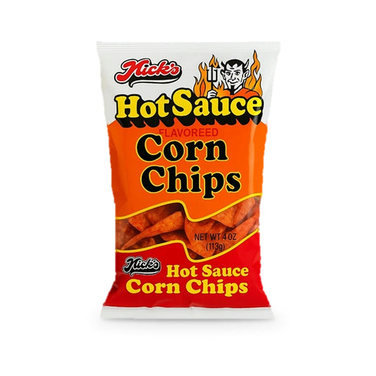 Nick's Hot Sauce Corn Chips 4oz Bag, front of bag