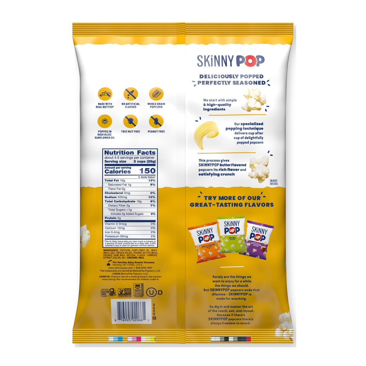 SkinnyPop Butter Flavored Popcorn 4.4oz Bag — back of package