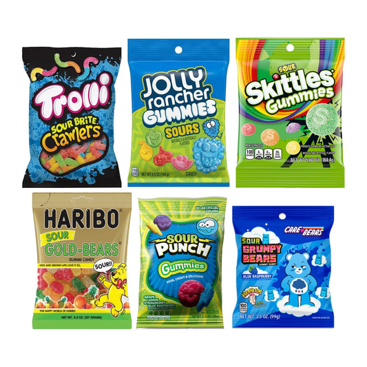 Sour Gummy Variety Pack 2 lb box: Trolli, Jolly Rancher, Skittles, Haribo, Sour Punch, Warheads sour gummies