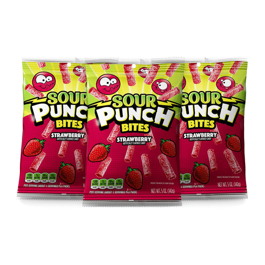 Sour Punch Bites Strawberry 5oz Peg Bags 3-pack