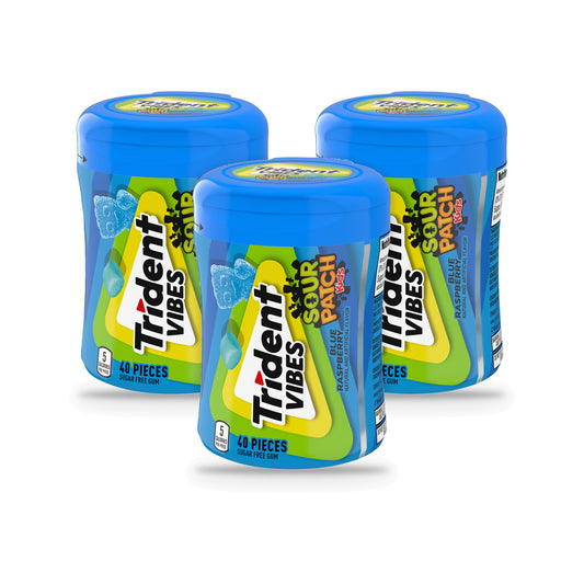 Trident Vibes Sour Patch Kids Blue Raspberry Sugar-Free Gum 40pc Bottles 3-Pack