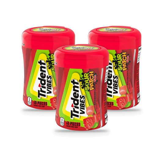 Trident Vibes Sour Patch Kids Redberry Sugar-Free Gum 40pc Bottles 3-Pack