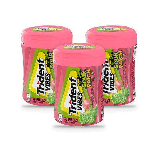 Trident Vibes Sour Patch Kids Watermelon Sugar-Free Gum 40pc Bottles 3-Pack