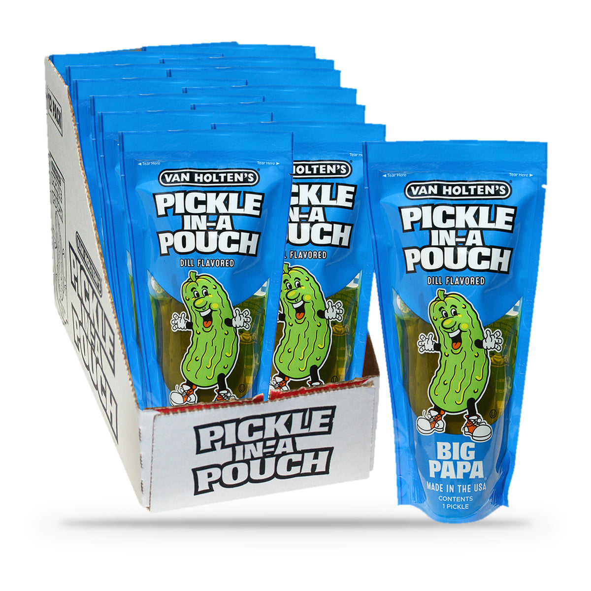 Van Holten's Big Papa Hearty Dill Pickle-In-A-Pouch, open box of 12 pouches with one pouch in front