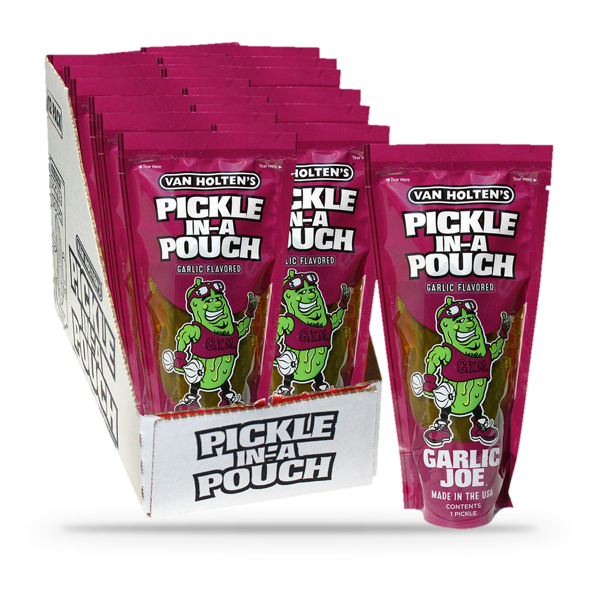 Van Holten's Garlic Joe Zesty Garlic Pickle-In-A-Pouch, open box of 12 pouches with one pouch in front