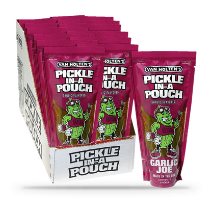 Van Holten's Garlic Joe Zesty Garlic Pickle-In-A-Pouch, open box of 12 pouches with one pouch in front