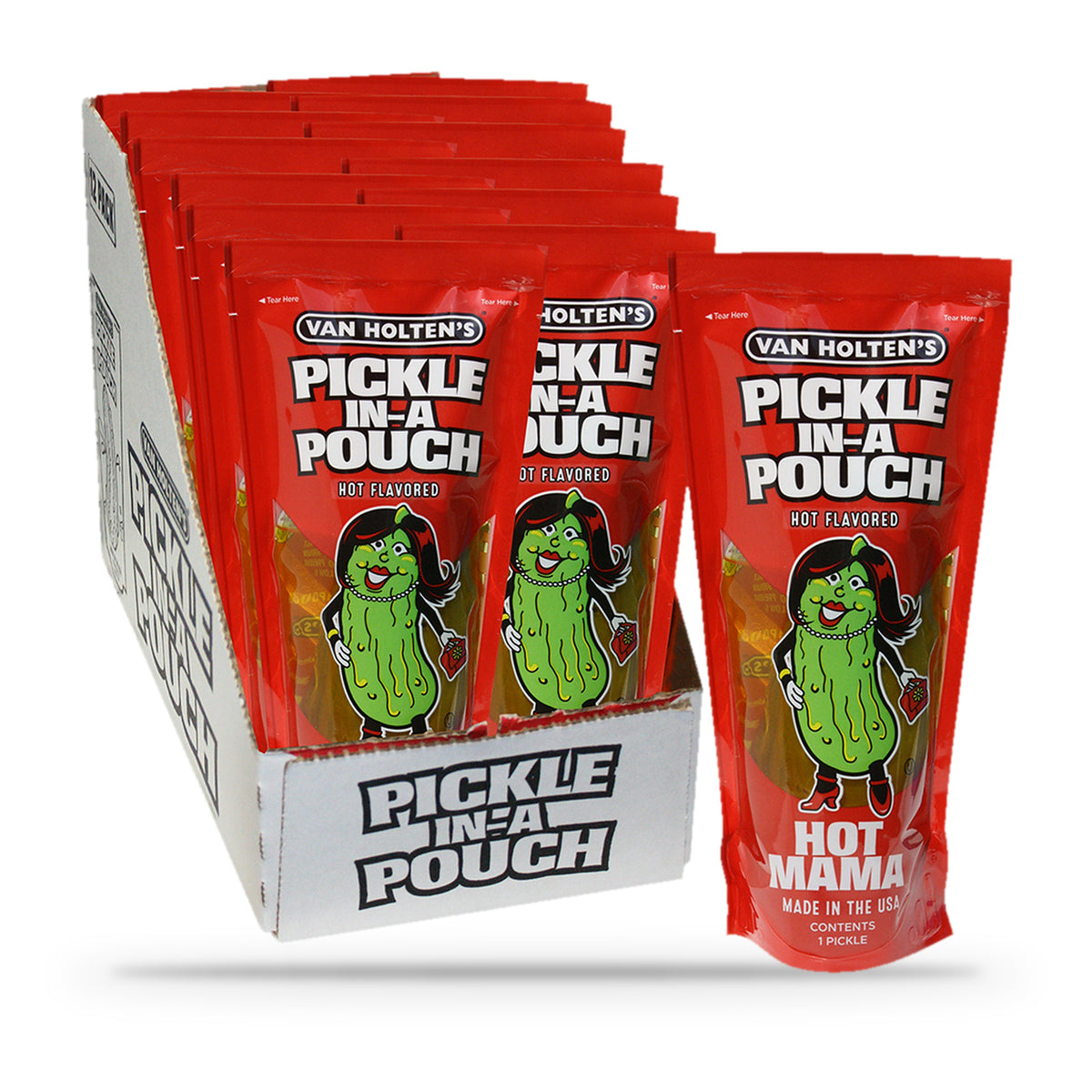 Van Holten's Hot Mama Hot & Spicy Pickle-In-A-Pouch, open box of 12 pouches with one pouch in front