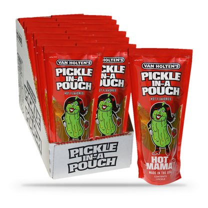 Van Holten's Hot Mama Hot & Spicy Pickle-In-A-Pouch, open box of 12 pouches with one pouch in front