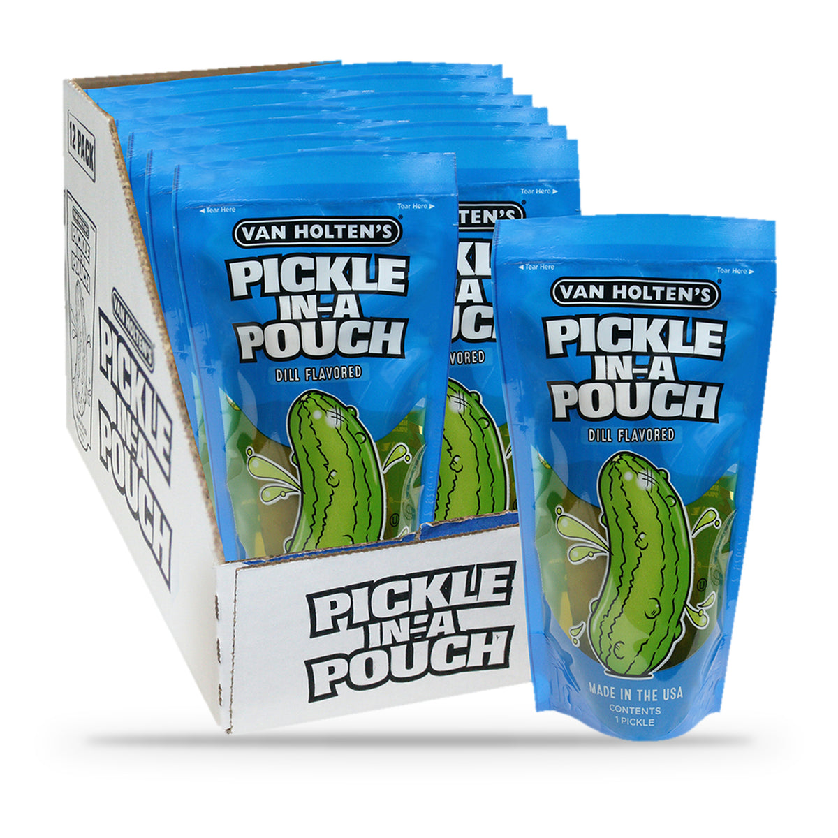 Van Holten's Jumbo Dill Pickle-In-A-Pouch, open box of 12 pouches with one pouch in front