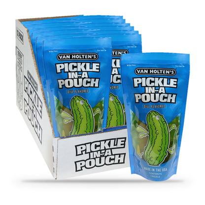 Van Holten's Jumbo Dill Pickle-In-A-Pouch, open box of 12 pouches with one pouch in front