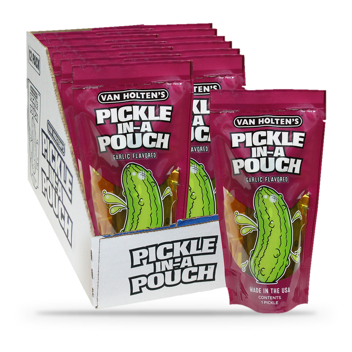 Van Holten's Jumbo Garlic Pickle-In-A-Pouch, open box of 12 pouches with one pouch in front