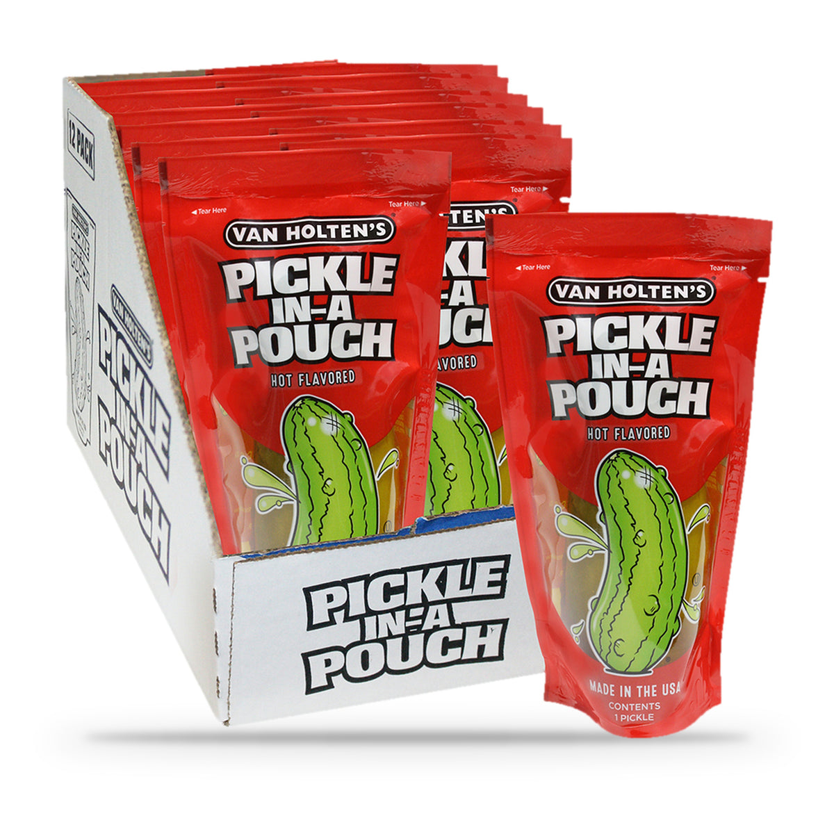 Van Holten's Jumbo Hot Pickle-In-A-Pouch, open box of 12 pouches with one pouch in front