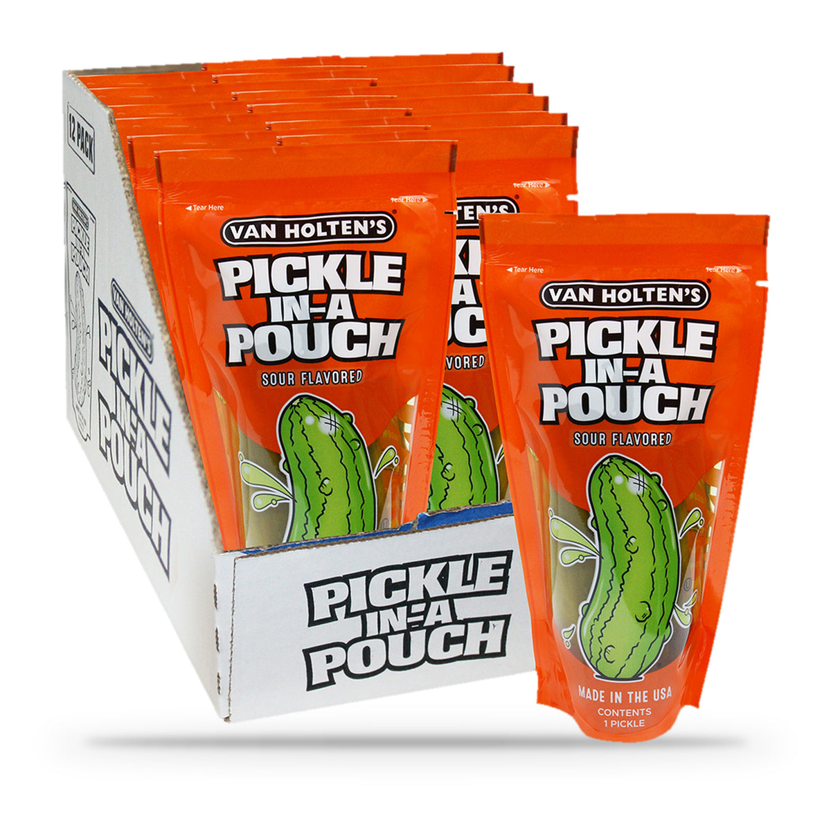 Van Holten's Jumbo Sour Pickle-In-A-Pouch, open box of 12 pouches with one pouch in front