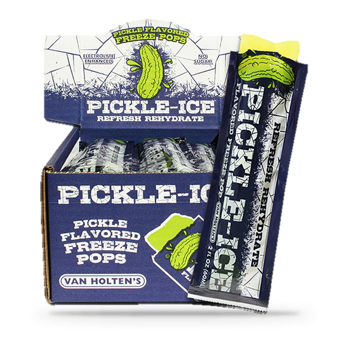 Van Holten's Pickle-Ice Pickle Flavored Freeze Pops 2 fl oz, open display box