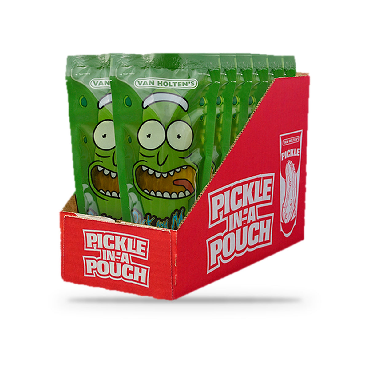 Van Holten's Pickle Rick Dill Pickle-In-A-Pouch, Box of 12, open red display box of pouches