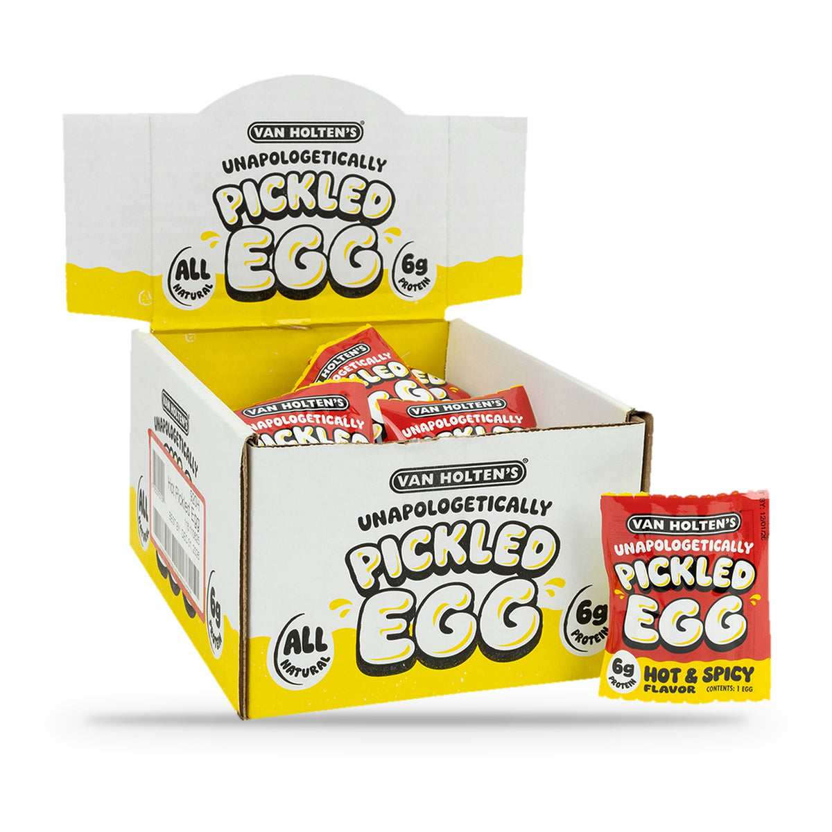 Van Holten's Pickled Egg Hot & Spicy, display box of 20 with one pouch in front