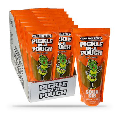 Van Holten's Sour Sis Tart & Tangy Pickle-In-A-Pouch, open box of 12 pouches with one pouch in front